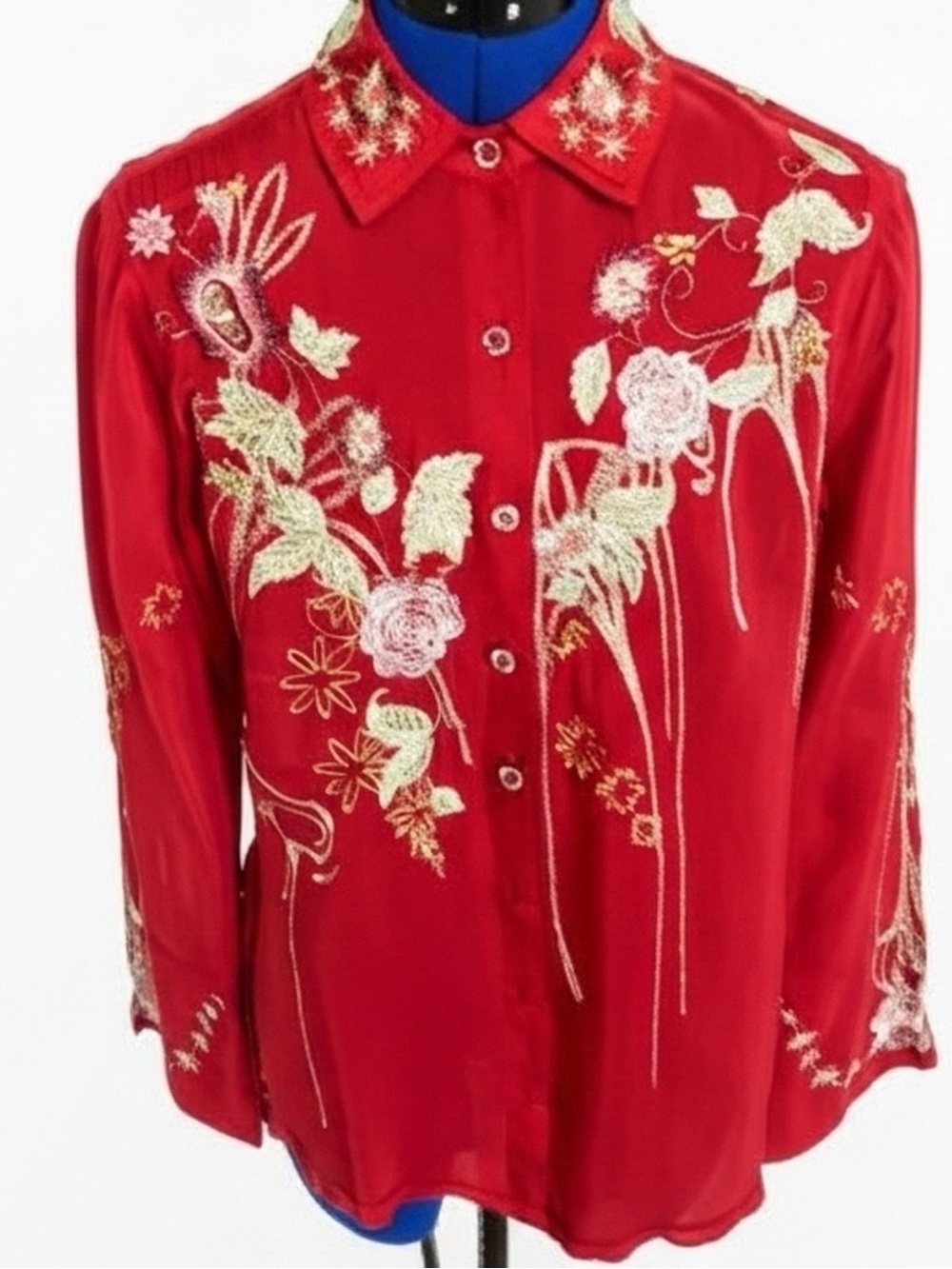 Johnny Was Red Embroidered Floral Button-Down Shirt